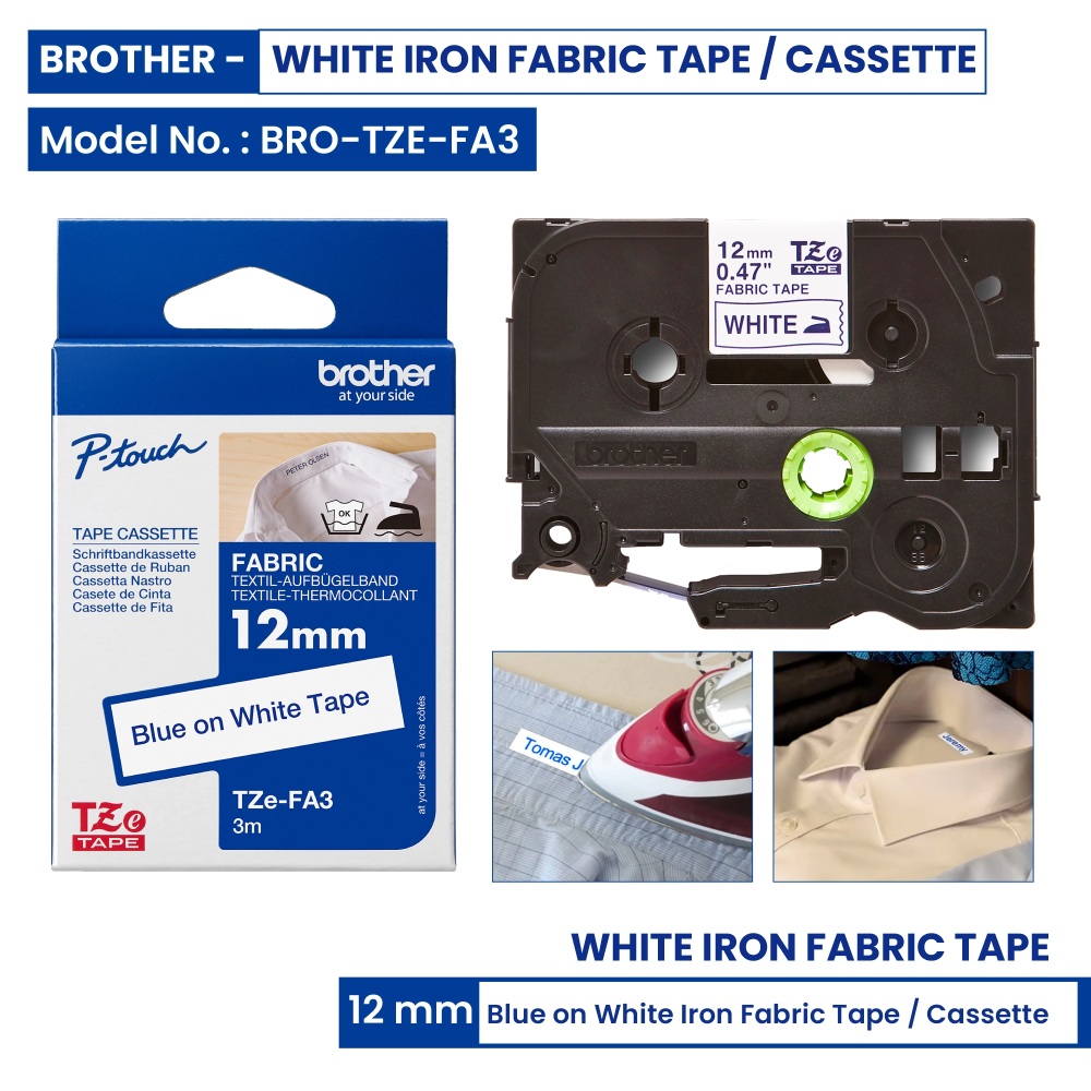 WEB BRO TZE FA3 12MMX3M BLUE ON WHITE IRON TAPE (FABRIC) 5