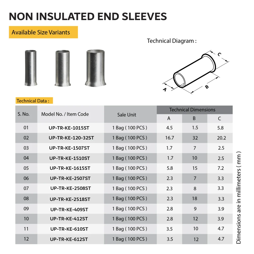 NON INSULATED END SLEEVES sizes